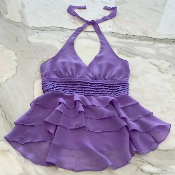 BCBG PURPLE RUFFLE HALTER TOP SIZE XS - Picture 5 of 14